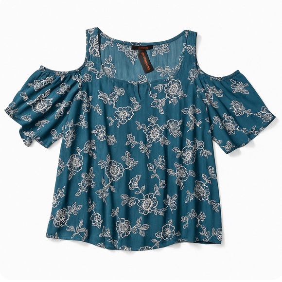 Women’s Plus Size Blue White Floral Cut Out Print Top - Picture 2 of 2